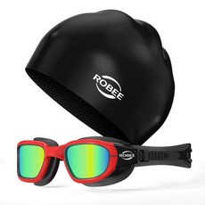 로비 수영 고글 실리콘 모자 및 휴대용 케이스 편광 수영장 성인 남성 여성 청소년, D1  블랙/레드/미러 골드 + 캡 + 케이스