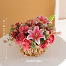 臺灣出貨 仿真花公主籃套裝假花絹花裝飾花籃擺設手提玫瑰百閤花籃裝飾擺件, 玫紅百合紅玫瑰花籃套裝, 1個