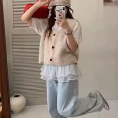 부드럽고 사랑스러운 하트 버튼 니트 조끼 여성 봄가을 달콤하고 스타일리시한 민소매 짧은 레이어드 스웨터