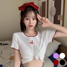 체리 자수 반크롭 티셔츠