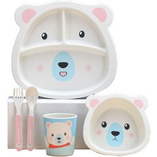Mengmengdashi 밤부 캐릭터 식판 5종 세트, 식판 + 보울 + 컵 + 숟가락 + 포크, 곰, 1개