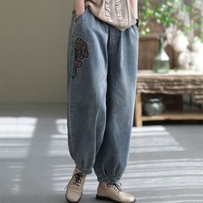 다중성 여자 빅 사이즈 자수 밴딩 청바지