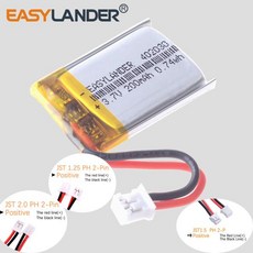 실리콘 와이어 CERohs 3.7V 200mAh 402030 충전식 리튬 폴리머 배터리 Lipo 배터리 JST2.0 2P JST1.25 2P JST1.5 2P, 2)402030 200mAh 2W, CHINA, 1개