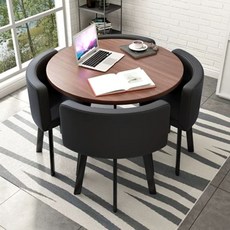 원탁테이블세트 4인용 사무실 원형 세트 리셉션 테이블 원탁 의자, AH. 80 월넛 원형 테이블과 블랙 가죽 의자