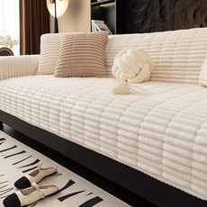 秋冬季加厚防滑毛絨沙髮墊加絨加厚保暖坐墊全包抱枕沙髮巾套, 法蘭絨抽條-白色,180*370釐米適合墊長210厘米