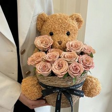 熊抱玫瑰永生花束, 11朵卡布奇諾+30cm泰迪熊
