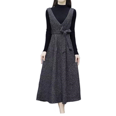 셀럽당여성 가을 겨울롱스커트 세트 브이넥 A라인 슬림핏 멜빵원피스 스웨터 투피스