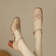 AREVI여름 여성 샌들 스퀘어 메쉬 펀칭 패션 통굽 힐5cm