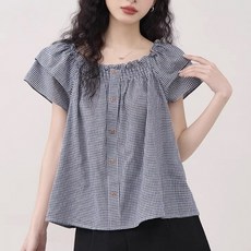 SAHINER 여성 체크 블라우스 반팔 퍼프소매 셔링 봄여름 데일리 ATX86