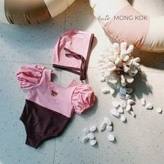 몽콕 여아 곰곰 수영복 모자 세트