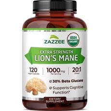 Zazzee USDA Lion's Mane 20:1 Extract 1000 mg Per Serving 30% Beta Glucans 120 Vegan Capsules N, Zazzee USDA Lion's Mane 20:1 E