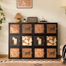 GOOD LIVE 다용도 수납장 블랙 빈티지 멀티 수납장 대용량 감성 인테리어 장식장 책장, 국화 패턴