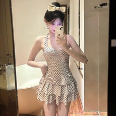 DIU 露背泳衣女款復古波點溫泉甜美裙保守顯瘦遮肚連體純欲新款泳裝, L(100-110斤)