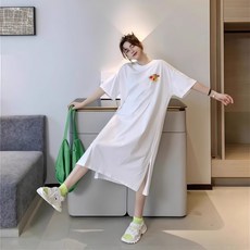 투니스 여성 프린팅 슬릿 루즈핏 롱 반소매 원피스