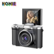 HOMIE 빈티지카메라 1080p픽셀 고화질 카메라 2.4인치 고화질 화면 디지털카메라128GB 6400W 픽셀카메라, 검은색