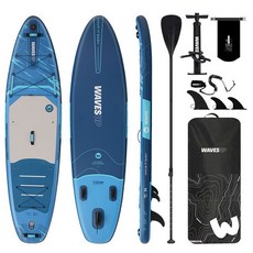 WAVES UP 11英尺充氣划水板，350L，33/6/，附槳、打氣筒、腳繩、鰭片，適合衝浪、瑜珈、釣魚, 極光藍