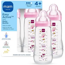 MAM Easy Active 아기 젖병 2팩 325ml(11온스) BPA 프리 빠른 흐름 실리콘 젖꼭지 미끄럼 방지 그립 누출 방지 4개월 이상 퍼플 아이리스, Purple Iris