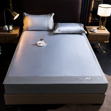 全店精選 涼席夏季夏天2025新款冰絲席a類母嬰級單人空調席子床笠款三件套, 薄荷席-肌理藍-床單款【配枕套】,90x200cm【薄荷席+枕套一隻】