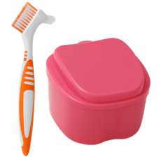 데이킷 틀니 세척보관함+ 틀니 전용 세척 칫솔 세트 틀니보관통, 1세트, 분홍+칫솔주황