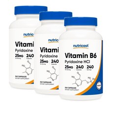 뉴트리코스트 비타민 B6 (피리독신 HCl) 25mg 캡슐 Nutricost Vitamin B6, 3개, 240정
