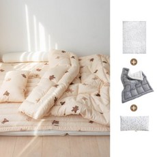 ChuwaBaby 韓國 兒童莫代爾寢具組 三合一 止滑床墊 薄被 四季被 嬰兒枕頭 兒童枕頭, 咖色格子兒童枕頭組