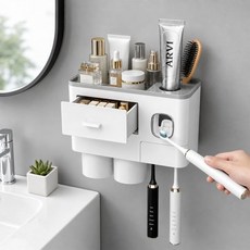 치약 디스펜서가 있는 칫솔 홀더 욕실 액세서리 벽걸이 장식회색 및 흰색 컵 2개, Platinum - Two