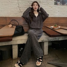 歐貨慵懶風時尚套裝女秋冬設計感條紋連帽外套休閒闊腿褲兩件套潮