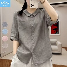 shiny藍格子 文藝簡約 棉麻短袖襯衫