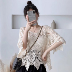 칩썬데이 여성 밑단 비대칭 크로쉐 니트 반소매 여름 비치웨어 커버업 나시 원피스 매치 탑, 프리사이즈(프리미엄 에디션), 베이지