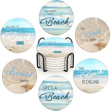 브리튼즈 음료용 터 6종 세트 비치 쉘 앤티크 청록색 테이블 흡수 원형 세라믹 스톤 매트 코크 베이스 및 금속 홀더 집들이 룸 바 장식 선물, Beach 1