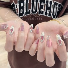 Chuyan Nail 手工穿戴甲貼片 氣質輕奢風 晶石貓眼 復古魔鏡粉橢圓杏仁假指甲, 1個, 【雕花金紗夢】中橢圓,S【大拇指甲面最寬的寬度15mm】
