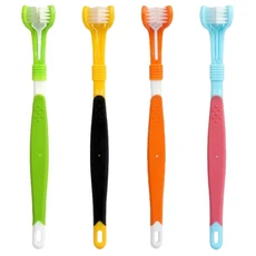 寵物三頭牙刷 - 全方位清潔、柔軟刷毛、舒適握柄，多色可選, 橙色, 1個