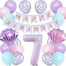 Lausatek 풍선 생일 7세 풍선 세트 HAPPY BIRTHDAY 생일 화환 장식 숫자 7 쉘 장식 축하 이벤트 어린이 소년 소녀 보라색, 1개, 상세페이지 참조