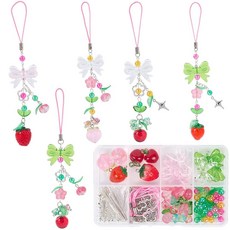 써니 1박스 163개 DIY 6세트 전화 부적 만들기 키트 귀여운 휴대폰 세트 핑크 레드 스프링 랜야드 플라워 딸기 활 유리 구슬 케이스 장식 공예 용품, 1