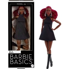 Barbie Basics Model 03 컬렉터 인형 레드 컬리 헤어 블랙 미니 드레스 및 부츠 범용 핏 패션 포즈를 취할 수 있는 톨 바디 및 교체 가능한 인형 헤드, Barbie Basics Model 03 컬렉터 인형,