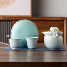 旅行茶具套裝 手工捏花功夫茶具 便攜收納包, 1個, 青/花蕾-手捏花一壺二杯