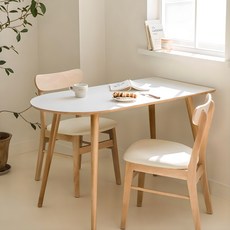 우드레이 소노 반타원 원목 테이블 600, 화이트 + 우드, 2인용