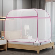 家用蒙古包蚊帳 單門母嬰加密加厚全底支架紗帳, 方頂【單門全底】清新粉,寬1.5*長2.0米床