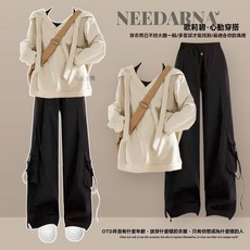韓系ootd衛衣套裝，早秋工裝褲兩件套，寬鬆休閒時尚穿搭