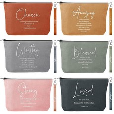 Huhumy 여성용 기독교 선물 벌크 12개 종교 캔버스 메이크업 가방 성경 구절 랜야드 키체인 부활절 교회용(모란디 색상 영어 단어) 255624