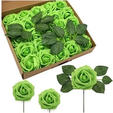 인조 장미 10개 센터피스 포함 웨딩 25개 부케 줄기, 25PCS, Green(No leaf)