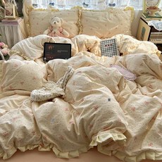 A類春夏法式皺皺紗花邊四件套少女心全棉被套大學生宿舍牀上用品, 1個, 波點蝴蝶結【A類-裸睡質感】:【牀單款】0.9m三件套-被套150x200