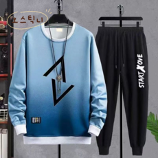 오스틱니 남성 봄가을 라운드넥 심플한 날염 빅사이즈 간절기 운동 세트