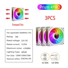 PRISM 4 PRO 컴퓨터 케이스 팬 120mm ARGB 4핀 PWM 무음 냉각 12V 공기 45.2CFM/600-1500RPM pc용 환기, 10 White Forward 3PCS, 01 하얀색, 01 A-RGB