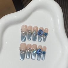 純手工穿戴甲，藍色漸變貓眼側光指甲貼，法式堆鑽果凍膠美甲甲片，重複使用, 1個, 蓝色多瑙河【超长梯】,M