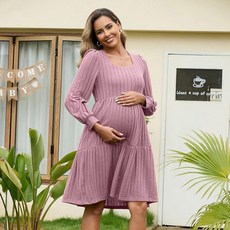 GINKANA 여성용 임산부 스웨터 드레스 스퀘어넥 긴소매 가을 캐주얼 임산부 베이비돌 니트 드레스 포켓 포함 핑크 XL