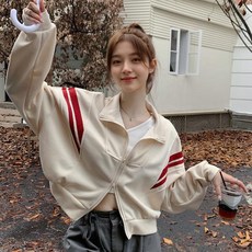 후암마켓 여성 루즈핏 하이넥 투웨이 세미 크롭 집업 라인 트레이닝 자켓