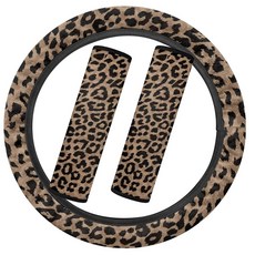 SEANATIVE 블랙 미국 국기 플란넬 자동차 액세서리 세트 푹신하고 신축성 있는 자동차 스티어링 휠 커버 두껍고 따뜻한 2피스 안전 벨트 커버 패드 자동 내부 겨울용, 레오파드