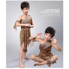 무대 공연 의상 아프리카 드럼 호피 무늬 댄스복 원시인 복장 여아 세트 남아 방송 원피스