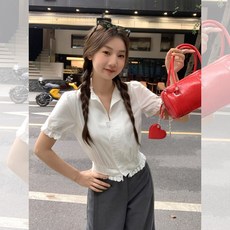 해피유통 퍼프소매 레이스 밑단 슬림핏 반팔 가디건 여성 여름 페미닌 상의